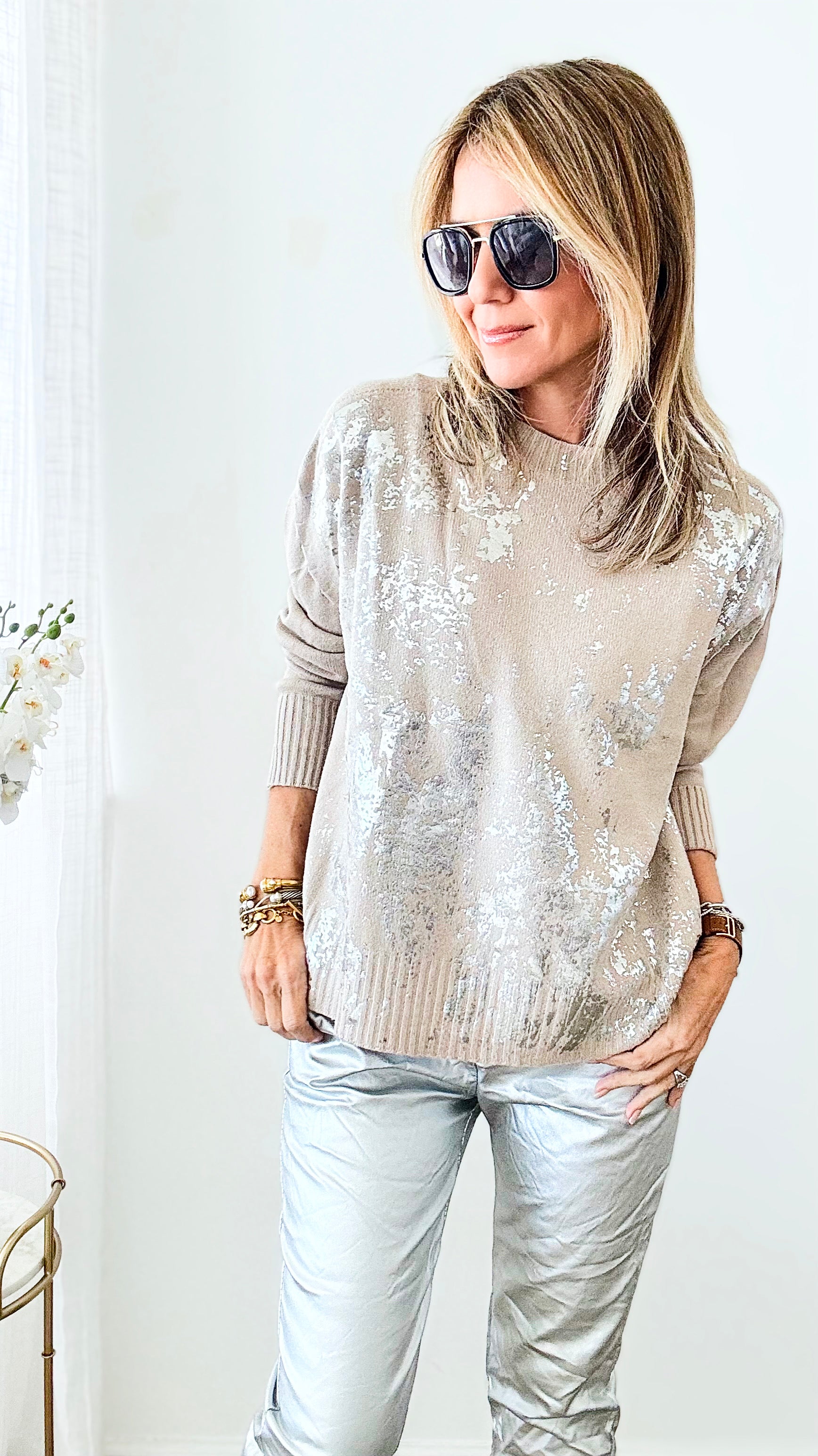 Boatneck Italian Silver Foil Sweater-140 Sweaters-Look Mode-Coastal Bloom Boutique, find the trendiest versions of the popular styles and looks Located in Indialantic, FL