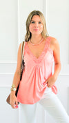 Italian Elegant Lace Trim Cami -Coral-100 Sleeveless Tops-Italianissimo/ SEVEN SEPT-Coastal Bloom Boutique, find the trendiest versions of the popular styles and looks Located in Indialantic, FL