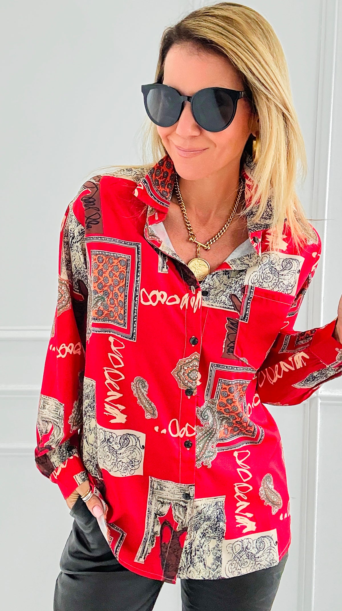 Paisley & Frames Button Down Top-130 Long Sleeve Tops-ROUSSEAU-Coastal Bloom Boutique, find the trendiest versions of the popular styles and looks Located in Indialantic, FL