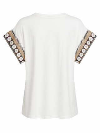 Embellished Sleeve Italian Crew Neck Tee - Gold