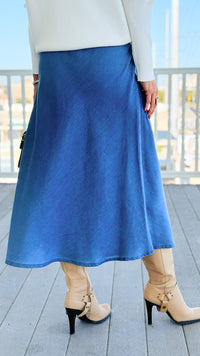 Denim Italian Midi Skirt- Medium-170 Bottoms-Italianissimo-Coastal Bloom Boutique, find the trendiest versions of the popular styles and looks Located in Indialantic, FL