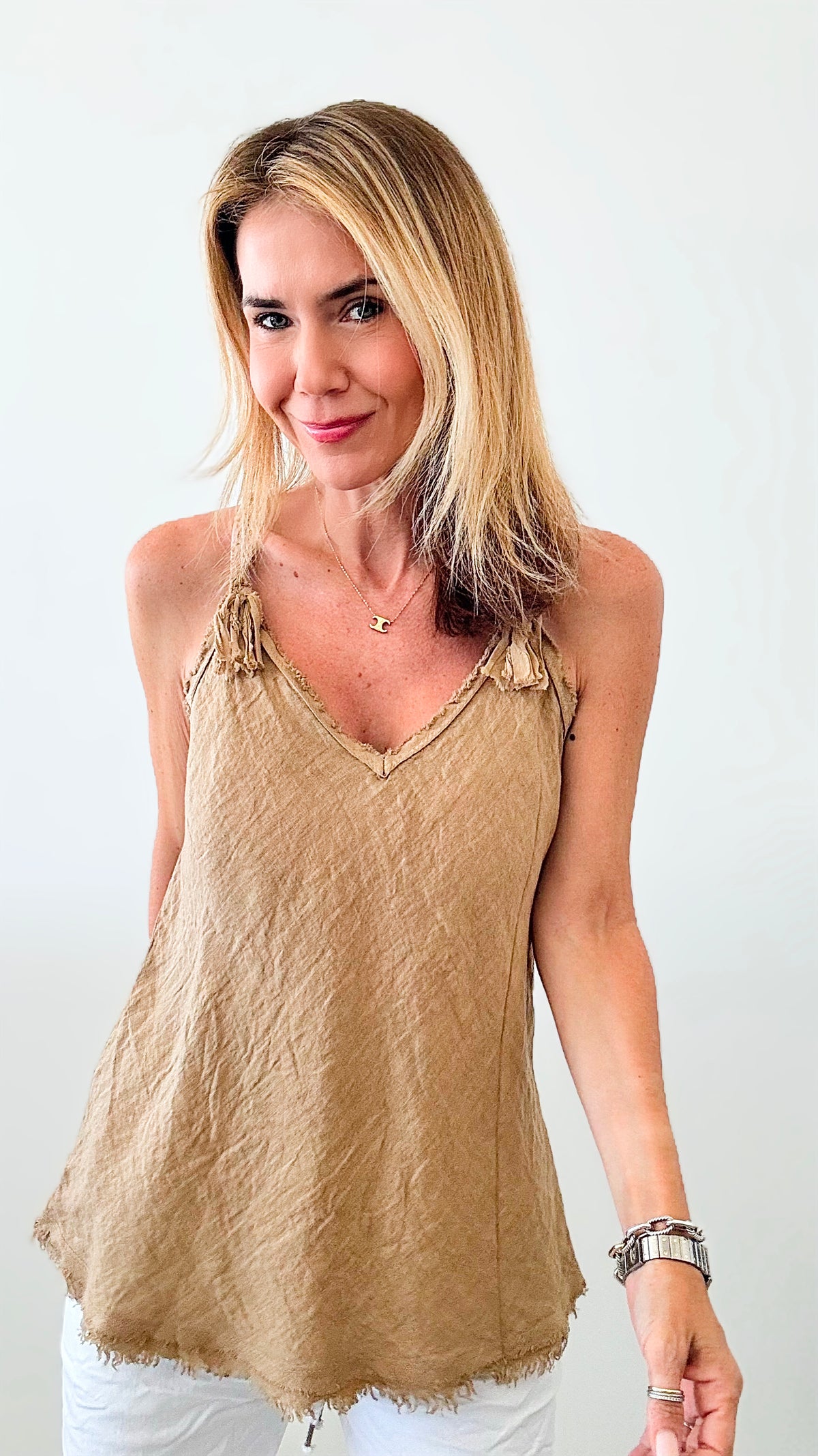 Braided Detail Italian Linen Tank - Light Camel-100 Sleeveless Tops-Germany-Coastal Bloom Boutique, find the trendiest versions of the popular styles and looks Located in Indialantic, FL