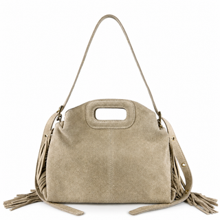 Italian Suede Fringe Shoulder Bag - Beige