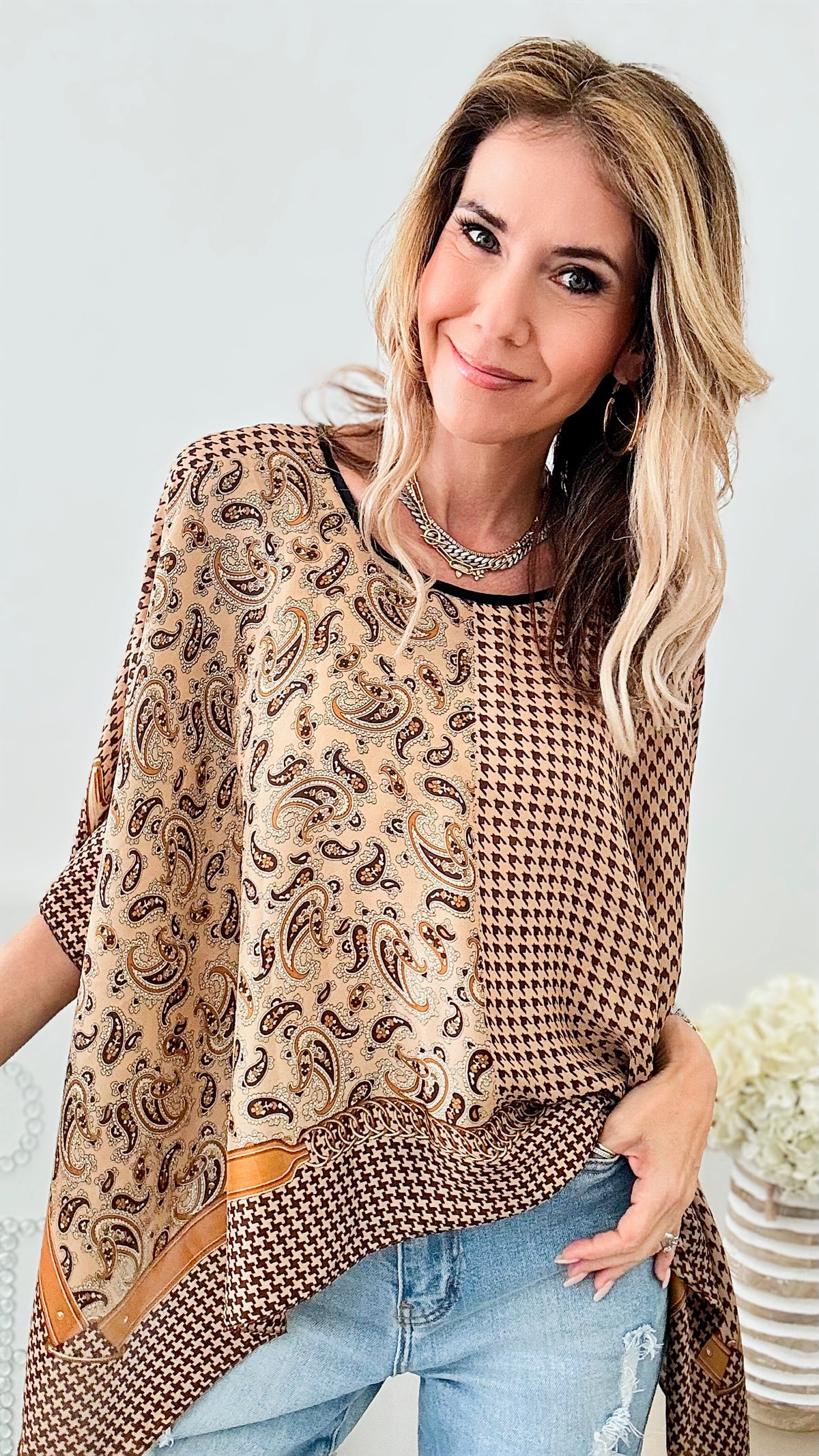 Houndstooth Print Poncho-Camel-150 Cardigans/Layers-CBALY-Coastal Bloom Boutique, find the trendiest versions of the popular styles and looks Located in Indialantic, FL