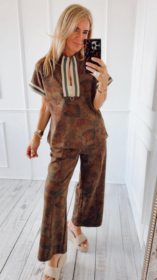 Floral Zip Neck Top - Brown