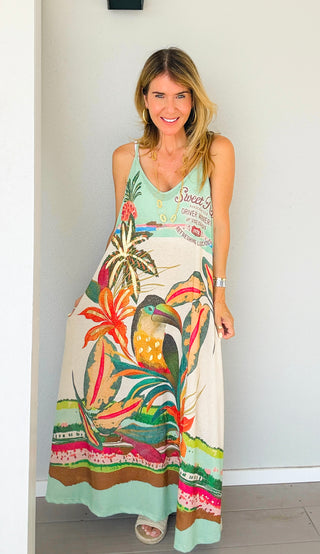 Toucan Paradise Lurex Italian Sleeveless Dress