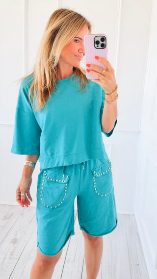 Studded Pocket Italian Jogger Shorts - Turquoise