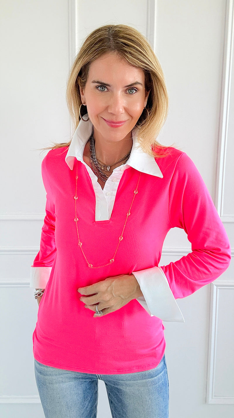 The Frankie Button Down Top - Neon Pink-130 Long Sleeve Tops-EC COLLECTION INC-Coastal Bloom Boutique, find the trendiest versions of the popular styles and looks Located in Indialantic, FL