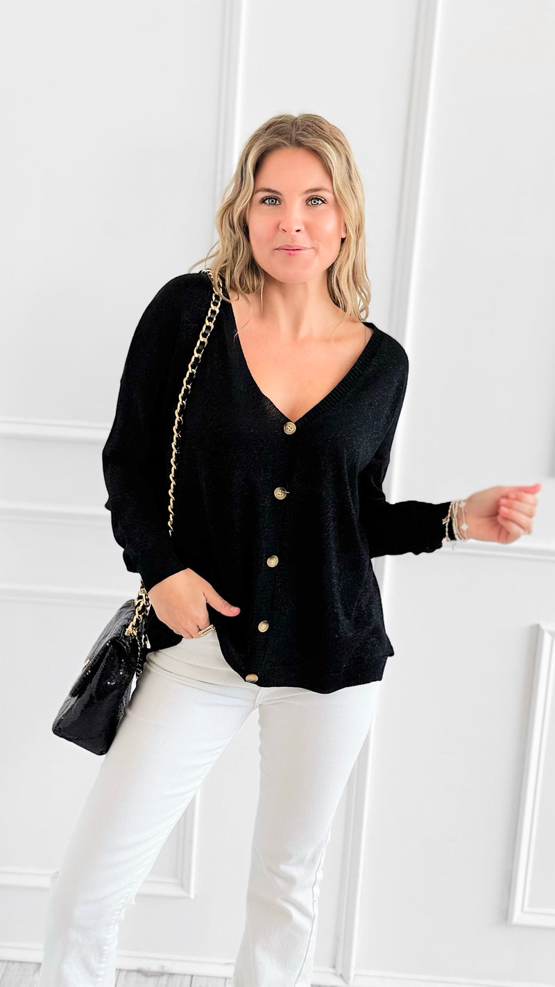 Lurex Aura Italian Cardigan-Black-150 Cardigans/Layers-LY PARIS-Coastal Bloom Boutique, find the trendiest versions of the popular styles and looks Located in Indialantic, FL