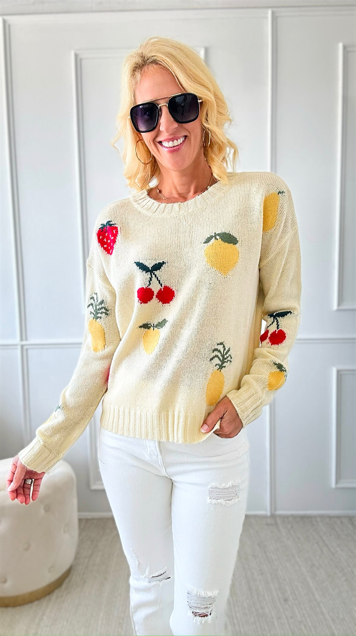 Fruit Jacquard Knitted Sweater-140 Sweaters-Kori America-Coastal Bloom Boutique, find the trendiest versions of the popular styles and looks Located in Indialantic, FL