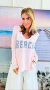 "Beach" Lightweight Knit V Neck Sweater - Blush/Grey-140 Sweaters-Miracle-Coastal Bloom Boutique, find the trendiest versions of the popular styles and looks Located in Indialantic, FL