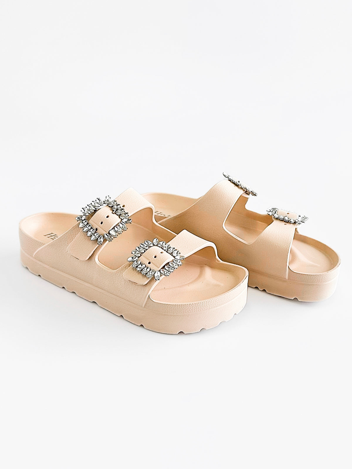 Stone Buckle Double-Strap Sandals - Nude-250 Shoes-H2K TRADING-Coastal Bloom Boutique, find the trendiest versions of the popular styles and looks Located in Indialantic, FL