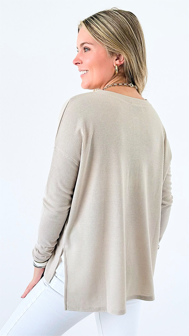 Button-Front Waffle Knit Top - Sand Beige-110 Long Sleeve Tops-Zenana-Coastal Bloom Boutique, find the trendiest versions of the popular styles and looks Located in Indialantic, FL