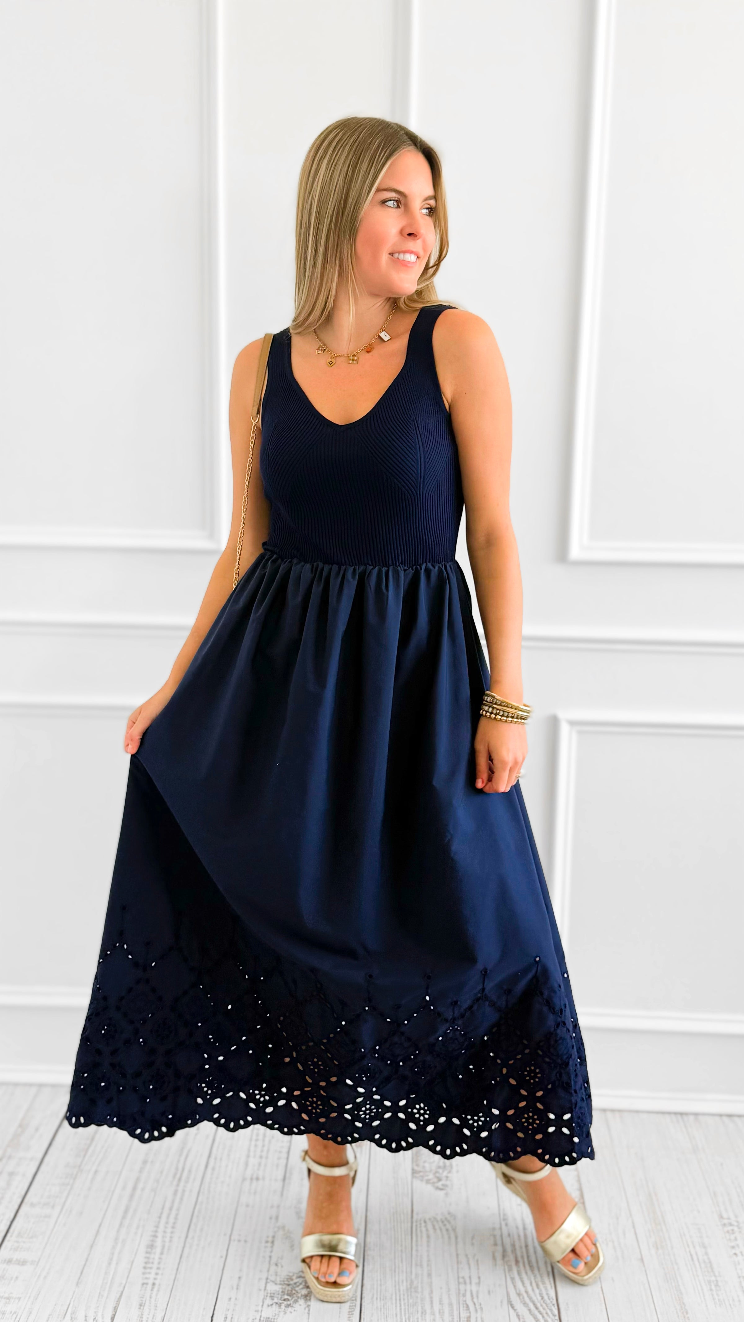 Moonlight Stroll Eyelet Dress-200 Dresses/Jumpsuits/Rompers-Blu Pepper-Coastal Bloom Boutique, find the trendiest versions of the popular styles and looks Located in Indialantic, FL