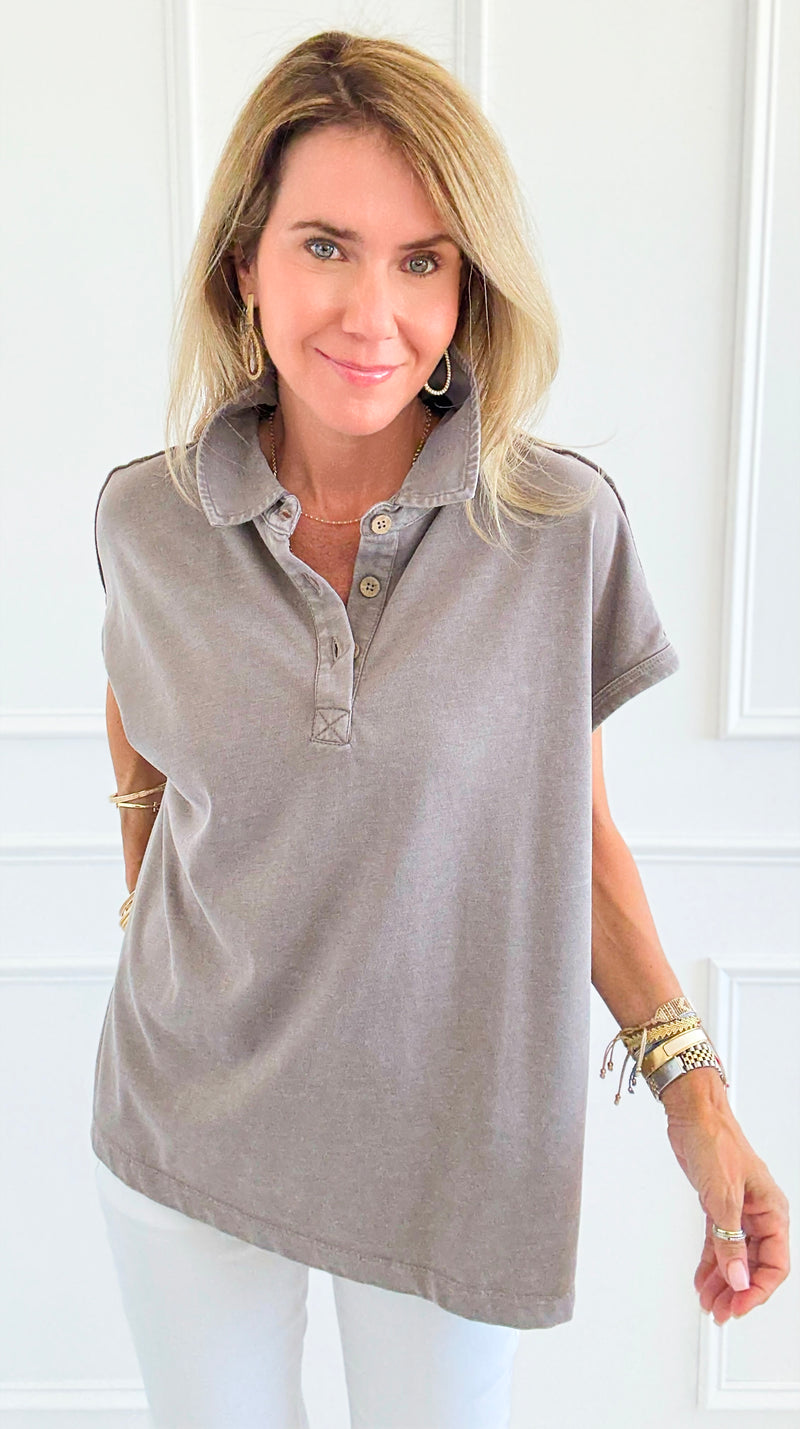 Washed Relax Polo Top - Mocha-110 Short Sleeve Tops-Rae Mode-Coastal Bloom Boutique, find the trendiest versions of the popular styles and looks Located in Indialantic, FL