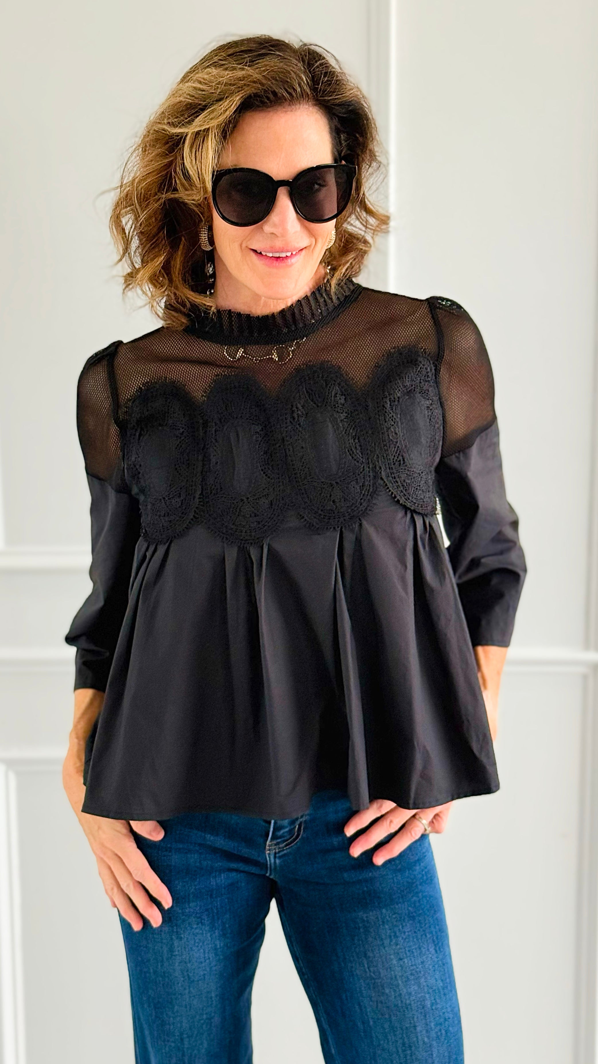 Midnight Charm Mesh Blouse-110 Long Sleeve Tops-JODIFL-Coastal Bloom Boutique, find the trendiest versions of the popular styles and looks Located in Indialantic, FL