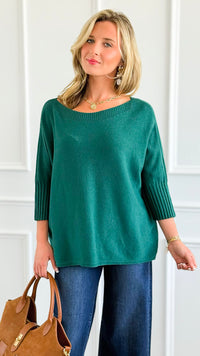 Break Free Round - Neck 3/4 Sleeve Italian Sweater Top - Evergreen-140 Sweaters-J.D. PRONTO MODA-Coastal Bloom Boutique, find the trendiest versions of the popular styles and looks Located in Indialantic, FL