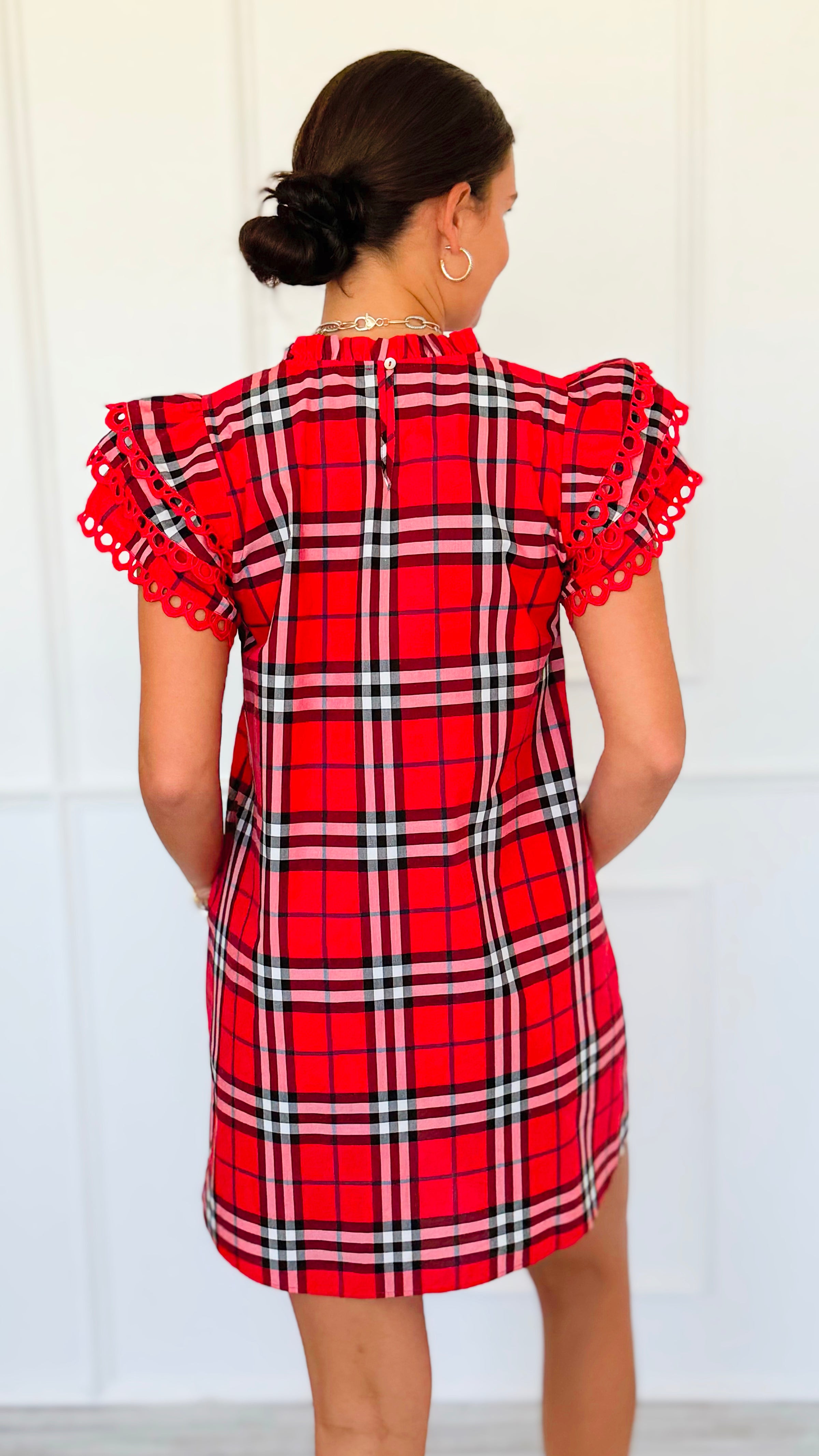 Plaid Ruffle Sleeve Dress - Red Mix-200 Dresses/Jumpsuits/Rompers-Jodifl-Coastal Bloom Boutique, find the trendiest versions of the popular styles and looks Located in Indialantic, FL