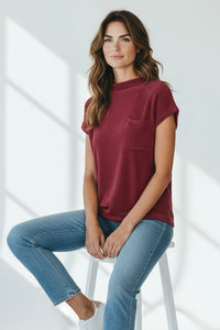 Everyday Waffle Knit Top - Dk Burgundy-110 Short Sleeve Tops-Zenana-Coastal Bloom Boutique, find the trendiest versions of the popular styles and looks Located in Indialantic, FL
