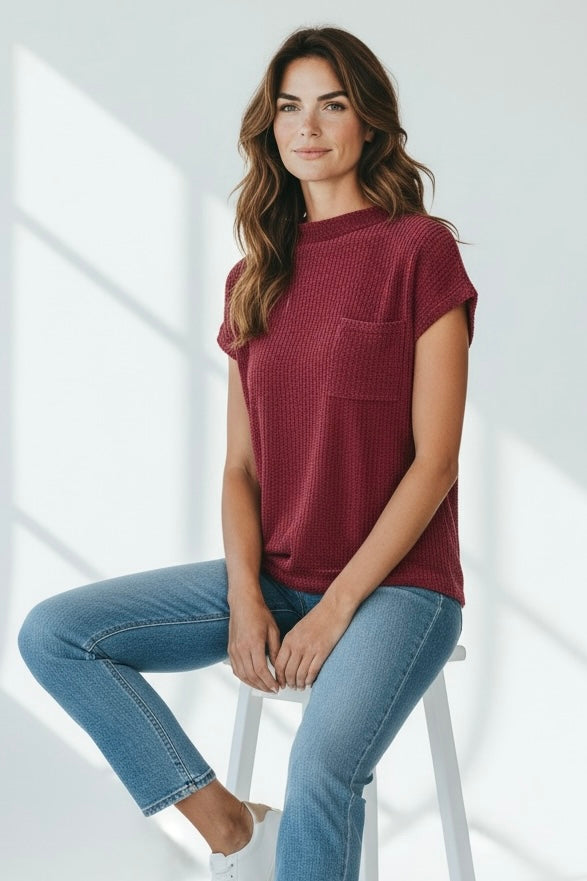 Everyday Waffle Knit Top - Dk Burgundy-110 Short Sleeve Tops-Zenana-Coastal Bloom Boutique, find the trendiest versions of the popular styles and looks Located in Indialantic, FL