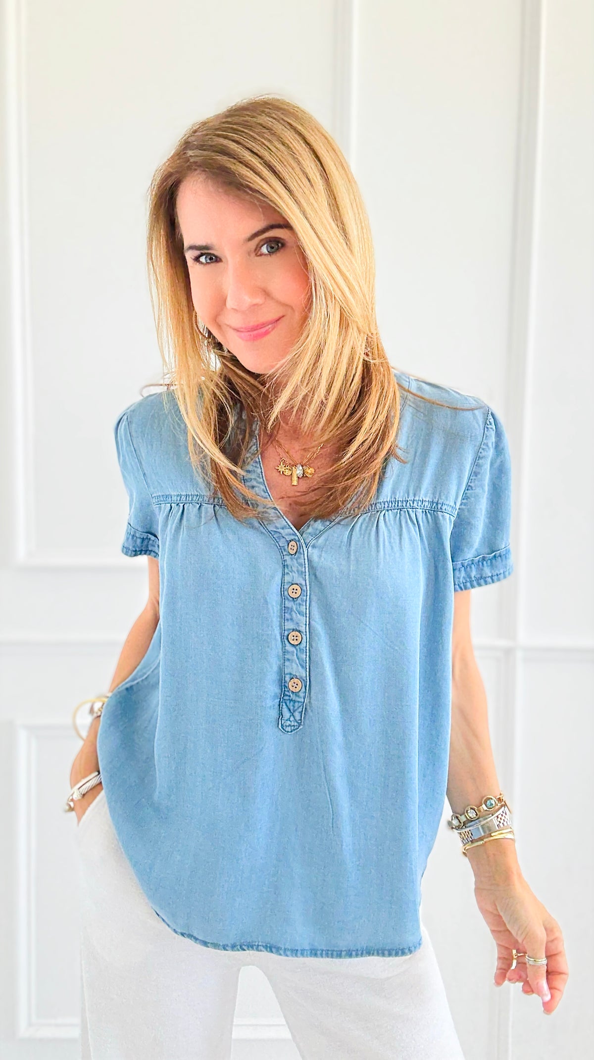 Relaxed V-Neck Chambray Top-110 Short Sleeve Tops-Blu Pepper-Coastal Bloom Boutique, find the trendiest versions of the popular styles and looks Located in Indialantic, FL