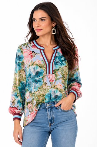 Vibrant Floral Split Neck Top