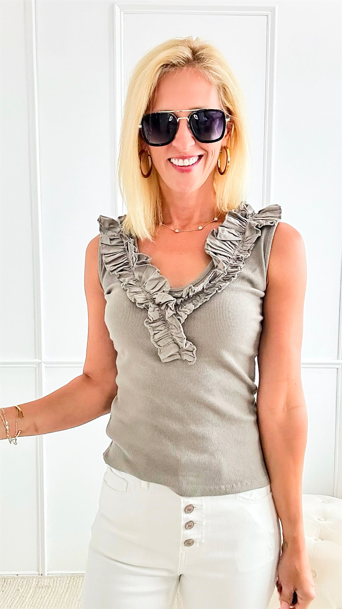 Whimsical Ruffle Italian Tank - Taupe-100 Sleeveless Tops-Italianissimo-Coastal Bloom Boutique, find the trendiest versions of the popular styles and looks Located in Indialantic, FL