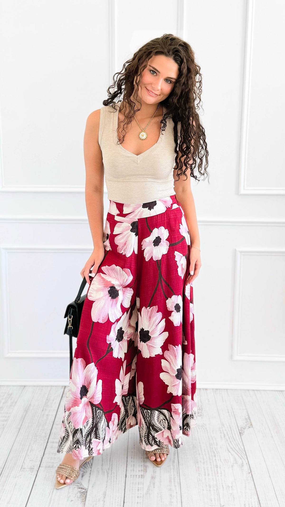 Garden Escape Italian Palazzo Pant- Burgundy-100 Pants-AZUL MONACO-Coastal Bloom Boutique, find the trendiest versions of the popular styles and looks Located in Indialantic, FL