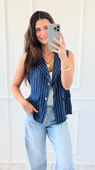 Casual Lines Italian Linen Vest- Navy/White