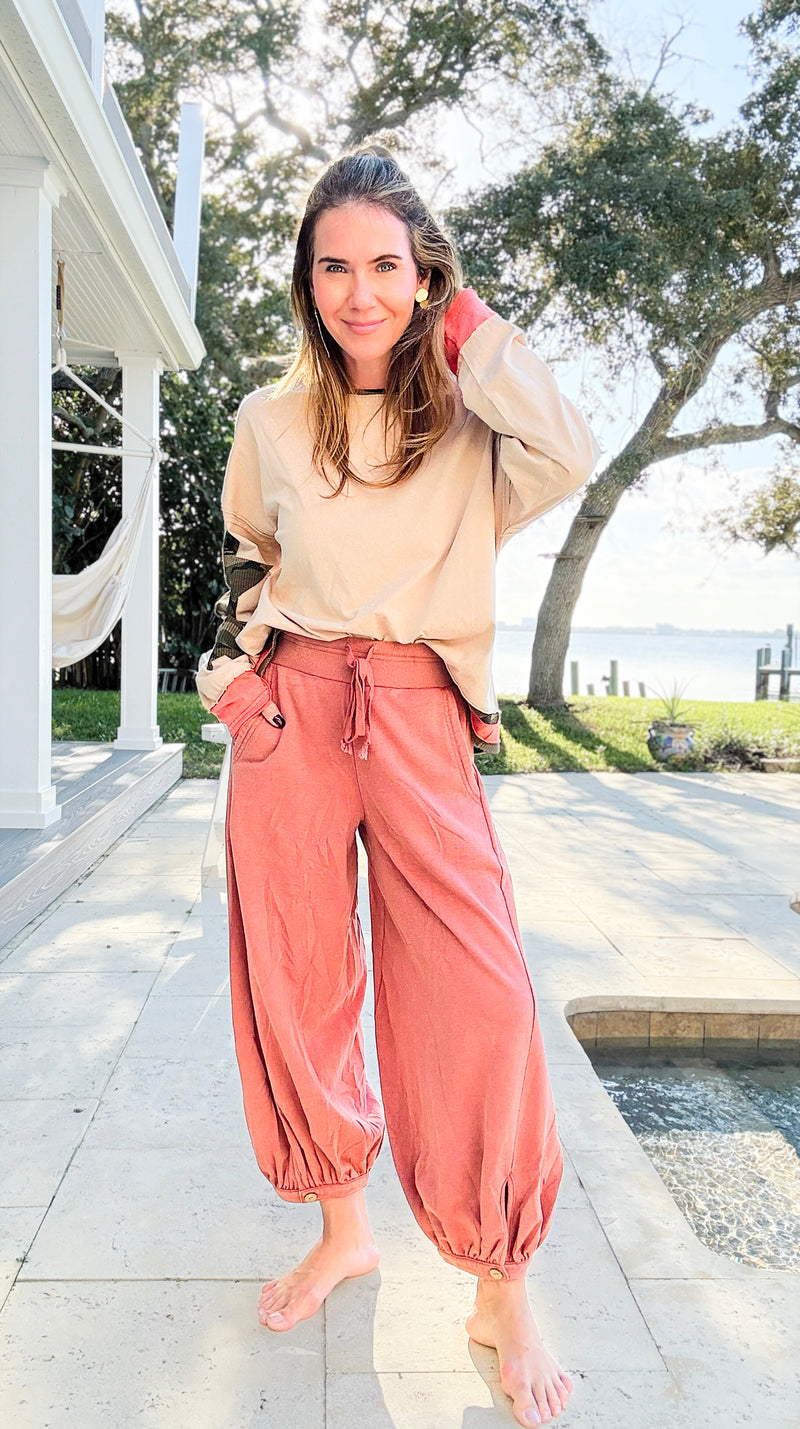 Cancel Plans Cuffed Pants- Washed Rust-170 Bottoms-ODDI-Coastal Bloom Boutique, find the trendiest versions of the popular styles and looks Located in Indialantic, FL