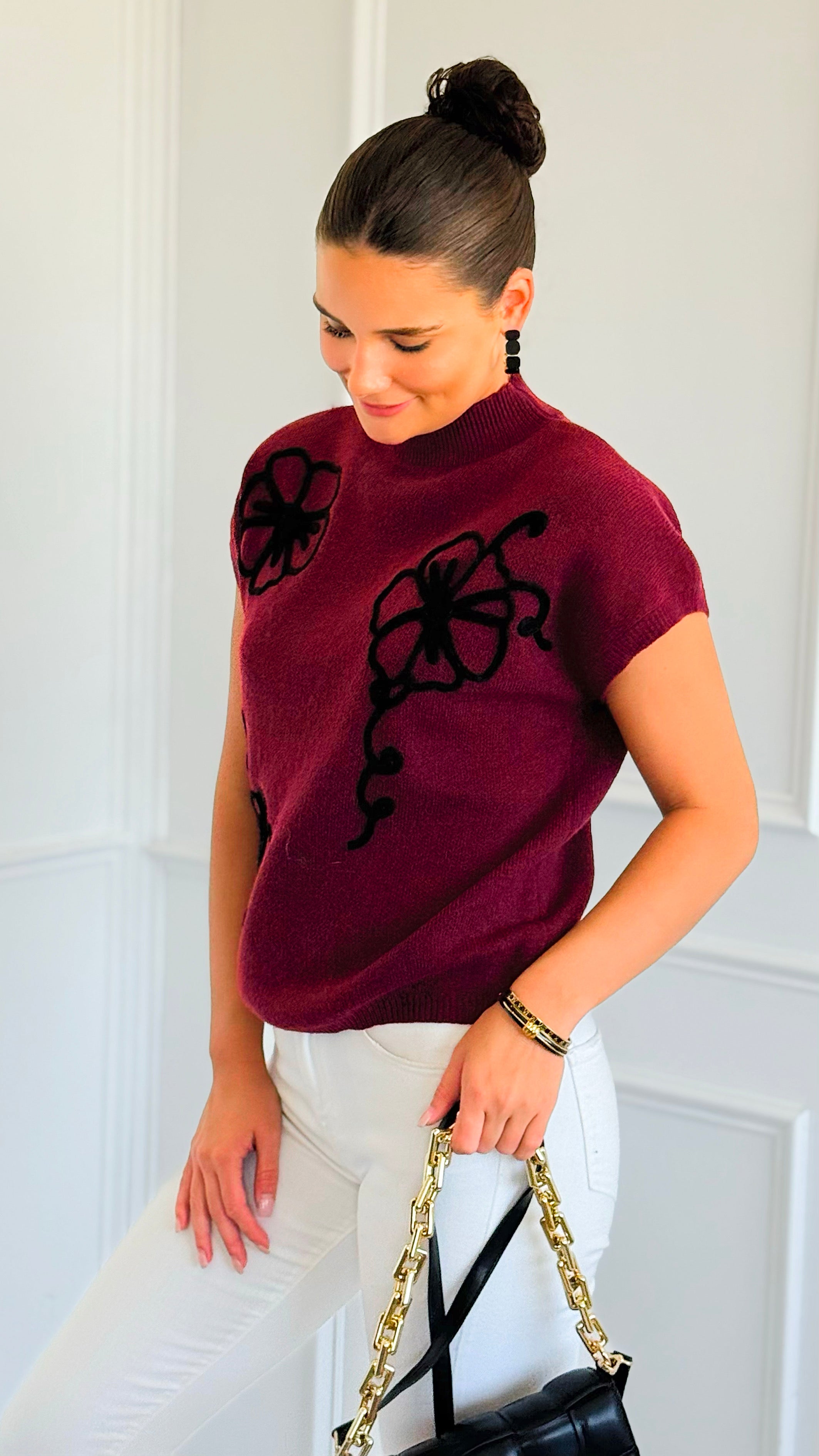 Floral Trim Knit Sleeveless Sweater - Burgundy-140 Sweaters-Blu Pepper-Coastal Bloom Boutique, find the trendiest versions of the popular styles and looks Located in Indialantic, FL