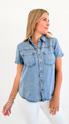 Short Sleeve Denim Pocket Top-110 Short Sleeve Tops-Blu Pepper-Coastal Bloom Boutique, find the trendiest versions of the popular styles and looks Located in Indialantic, FL