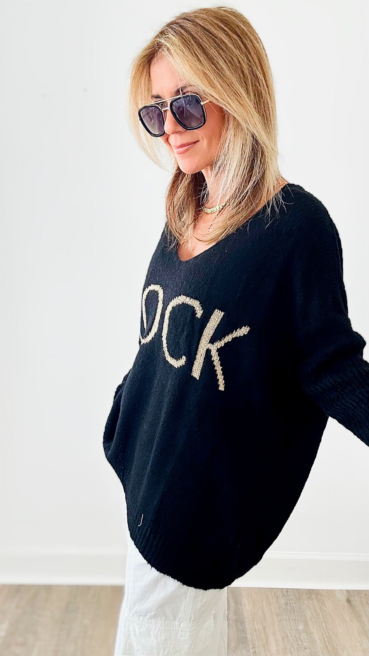 Rock V-Neck Sweater - Black-130 Long sleeve top-VENTI6 OUTLET-Coastal Bloom Boutique, find the trendiest versions of the popular styles and looks Located in Indialantic, FL