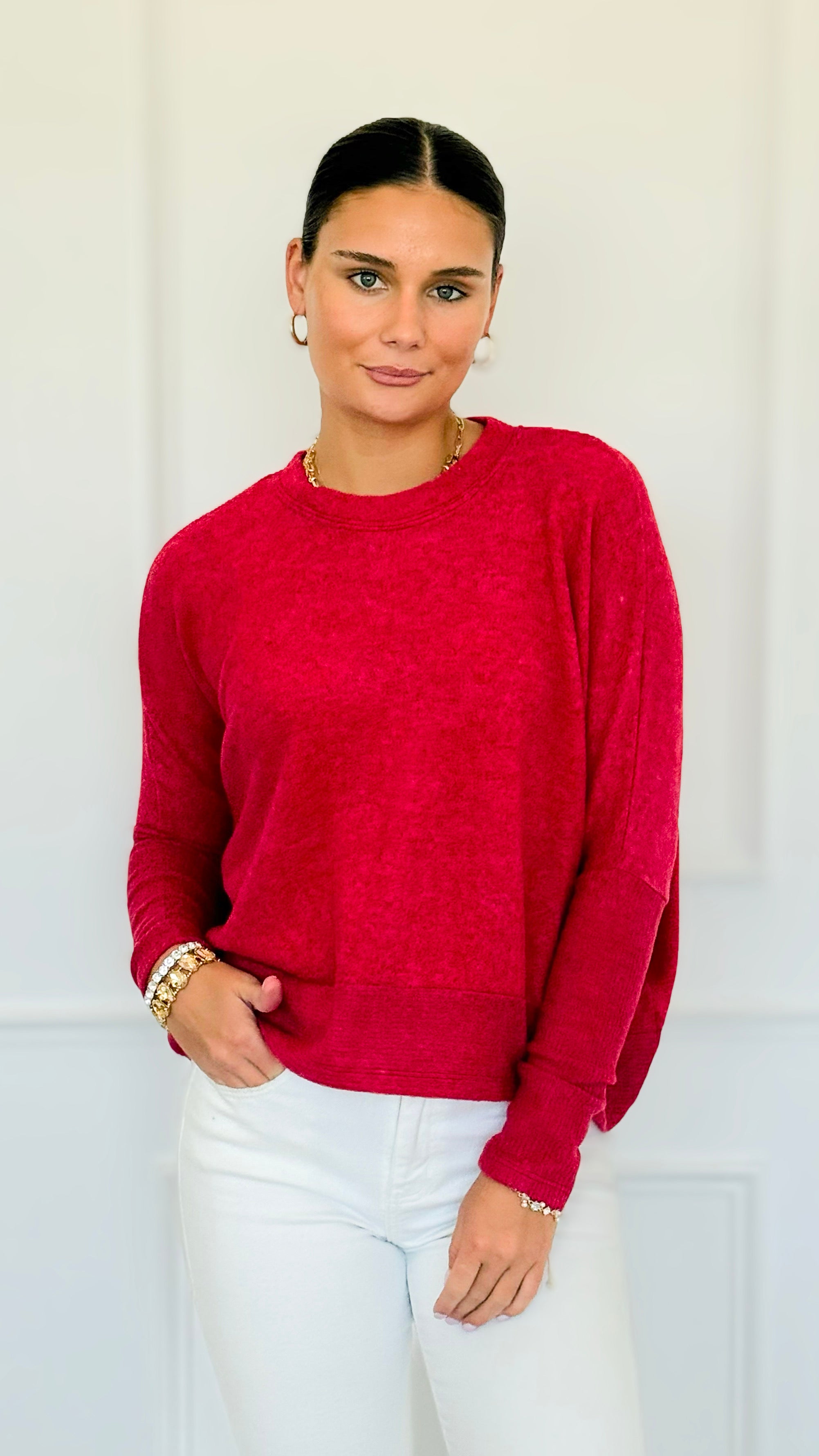 Brushed Melange Sweater - Dark Red-140 Sweaters-Zenana-Coastal Bloom Boutique, find the trendiest versions of the popular styles and looks Located in Indialantic, FL
