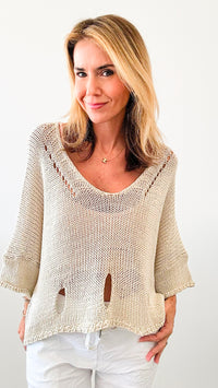 Stellar Keyhole Italian Crochet Pullover - Oyster-140 Sweaters-Germany-Coastal Bloom Boutique, find the trendiest versions of the popular styles and looks Located in Indialantic, FL
