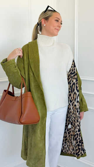 Leopard Lined Italian Long Blazer- Moss
