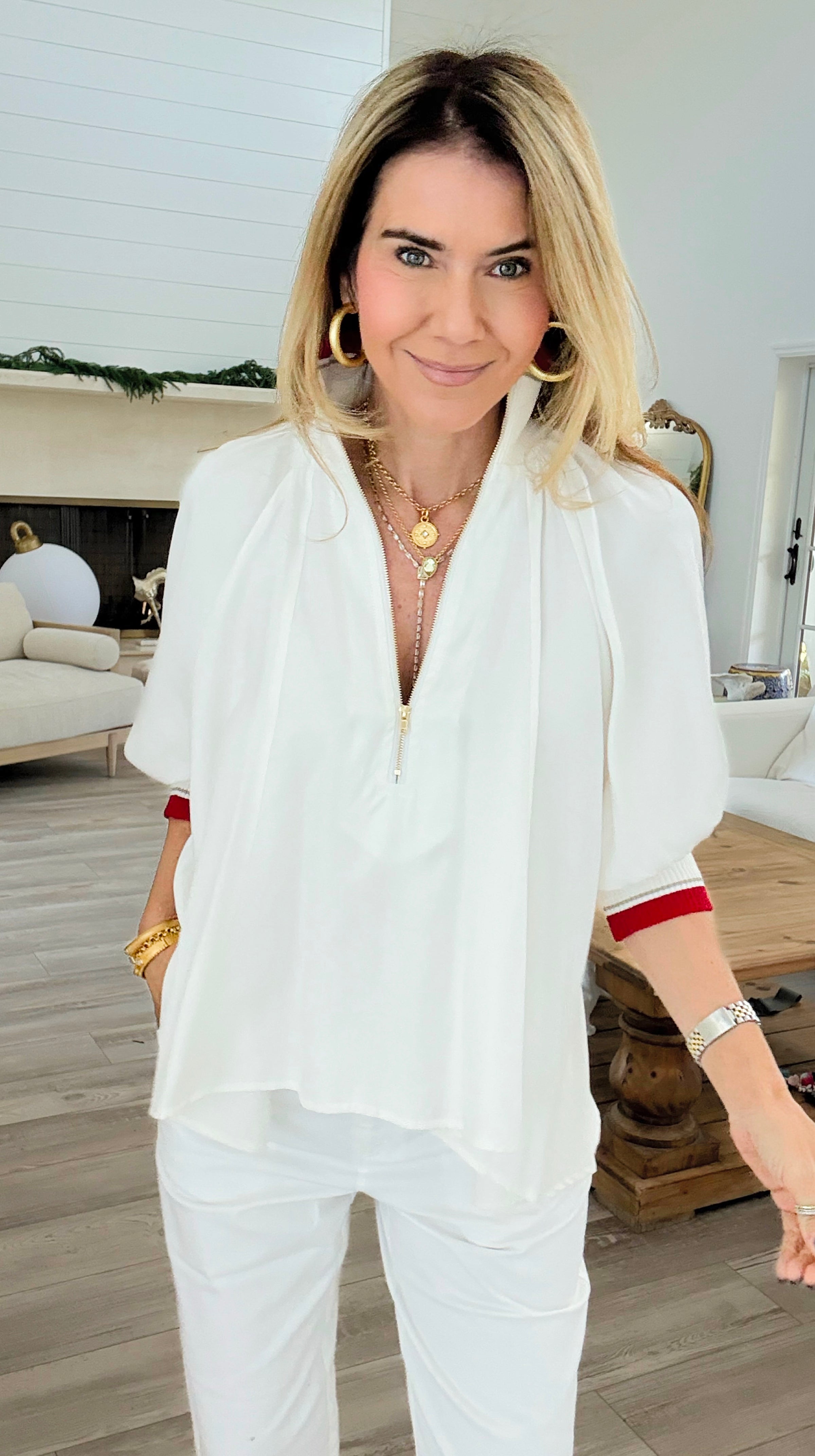 High Society Mock Neck Blouse - White-110 Long Sleeve Tops-Glam-Coastal Bloom Boutique, find the trendiest versions of the popular styles and looks Located in Indialantic, FL