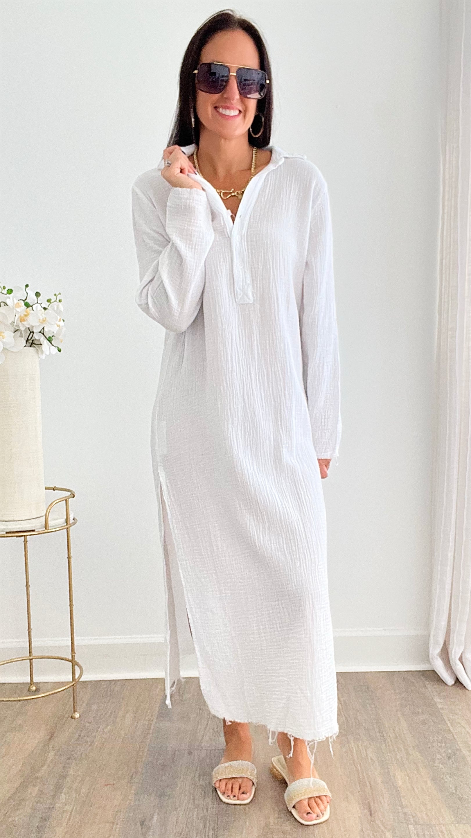 Italian Lightweight Vintage Tunic - White-200 dresses/jumpsuits/rompers-Venti6 Outlet-Coastal Bloom Boutique, find the trendiest versions of the popular styles and looks Located in Indialantic, FL