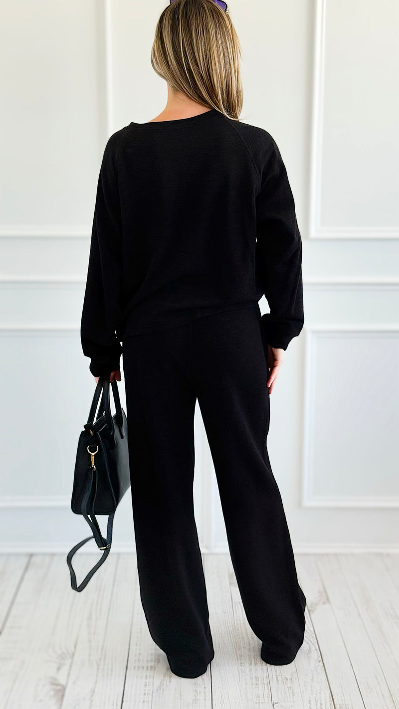 Relax Mode Long Sleeve Slub Knit Set -Black-210 Loungewear/Sets-Zenana-Coastal Bloom Boutique, find the trendiest versions of the popular styles and looks Located in Indialantic, FL