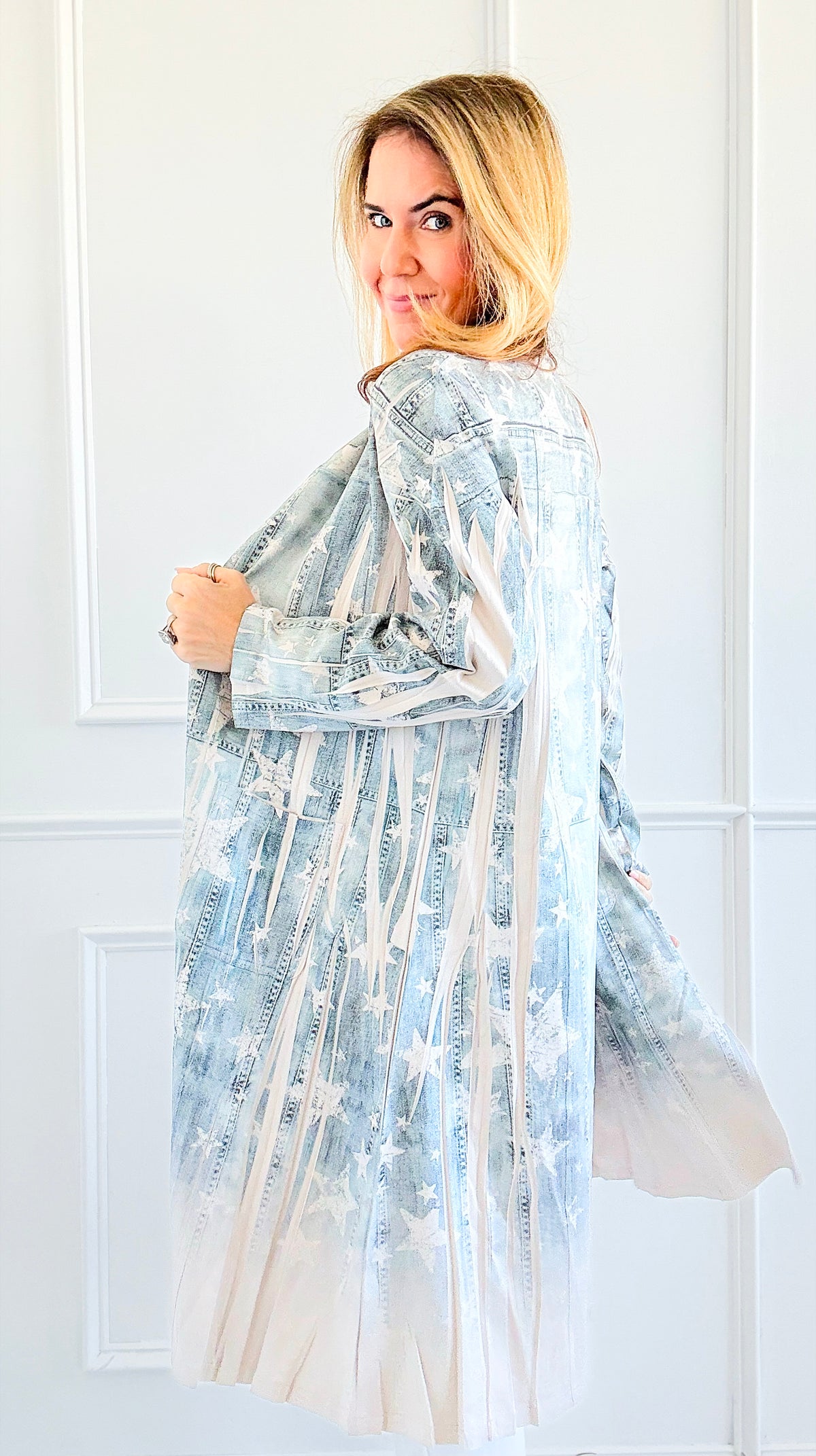 Celestial Starry Denim Long Cardigan-160 Jackets-Origami Fashion Inc-Coastal Bloom Boutique, find the trendiest versions of the popular styles and looks Located in Indialantic, FL