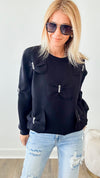 Fiora French Scuba Ribbon-Bow Sweatshirt - Black-130 Long Sleeve Tops-Joh Apparel-Coastal Bloom Boutique, find the trendiest versions of the popular styles and looks Located in Indialantic, FL