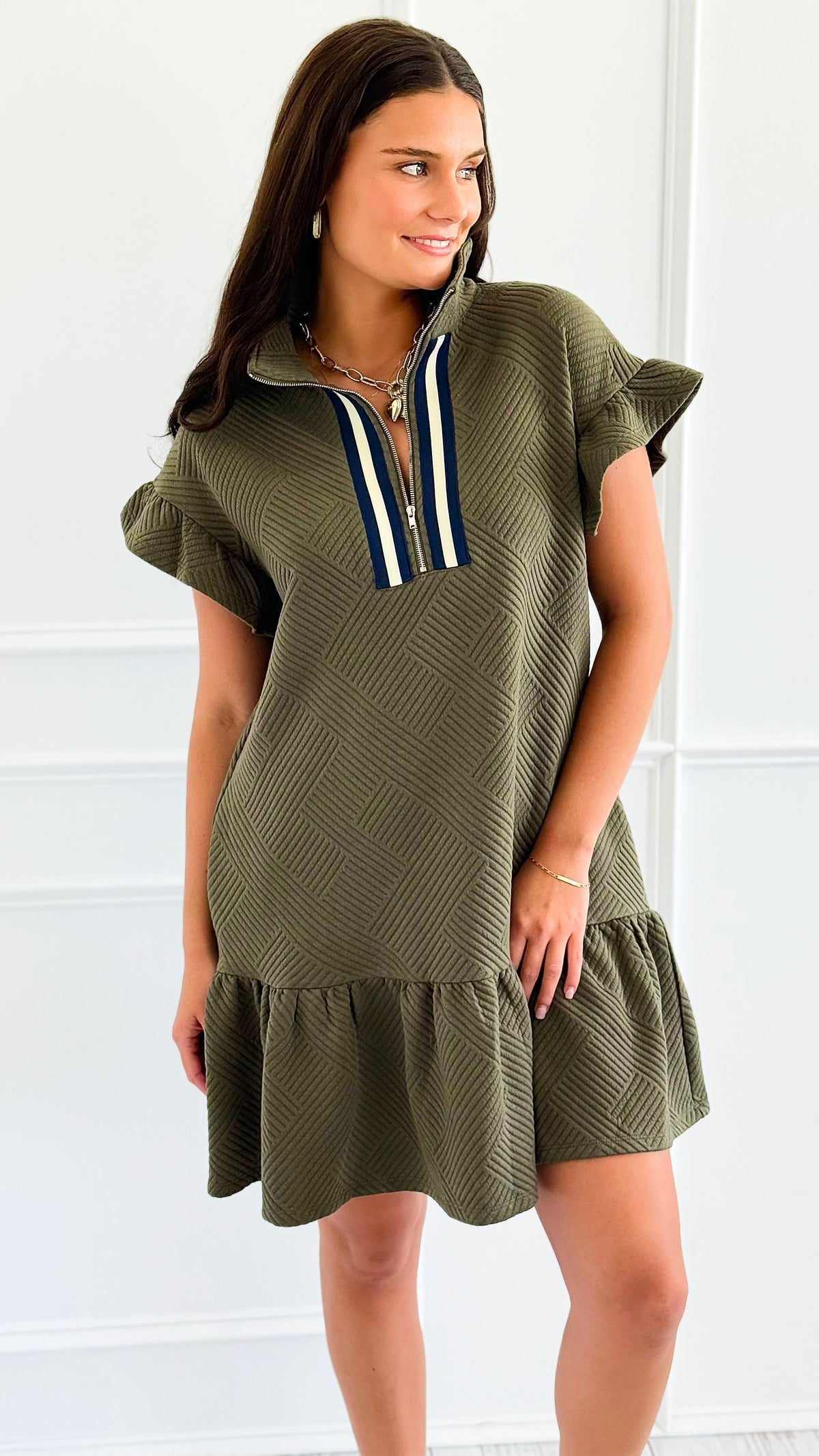 Jet Set Go Quilted Zip Mini Dress - Olive-200 Dresses/Jumpsuits/Rompers-she + sky-Coastal Bloom Boutique, find the trendiest versions of the popular styles and looks Located in Indialantic, FL