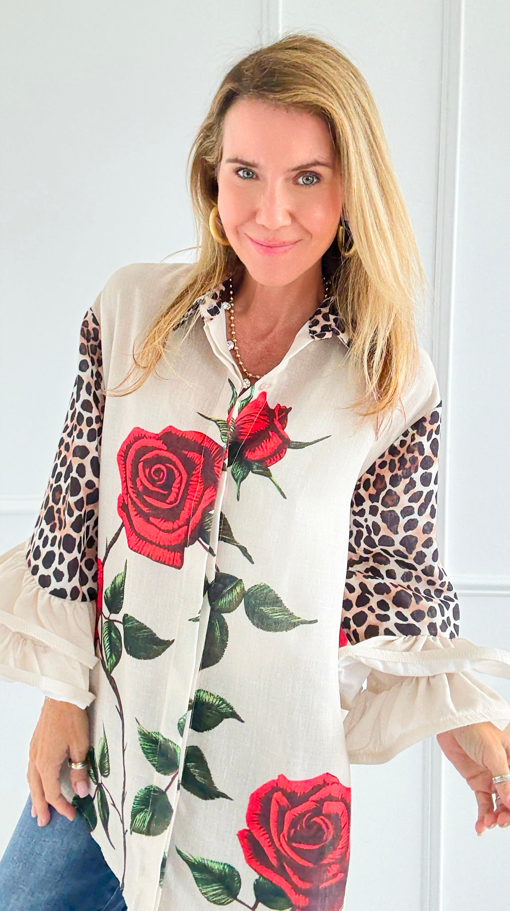 Wild Roses Ruffle Bell Sleeve Italian Blouse-130 Long sleeve top-Italianissimo-Coastal Bloom Boutique, find the trendiest versions of the popular styles and looks Located in Indialantic, FL