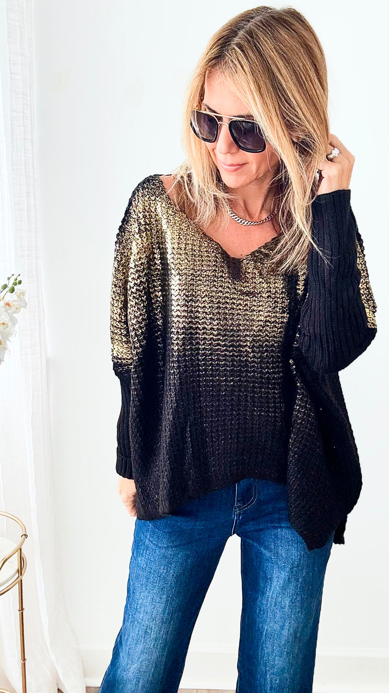 V Neck Gold Foil Sweater - Black-140 Sweaters-moda italia-Coastal Bloom Boutique, find the trendiest versions of the popular styles and looks Located in Indialantic, FL