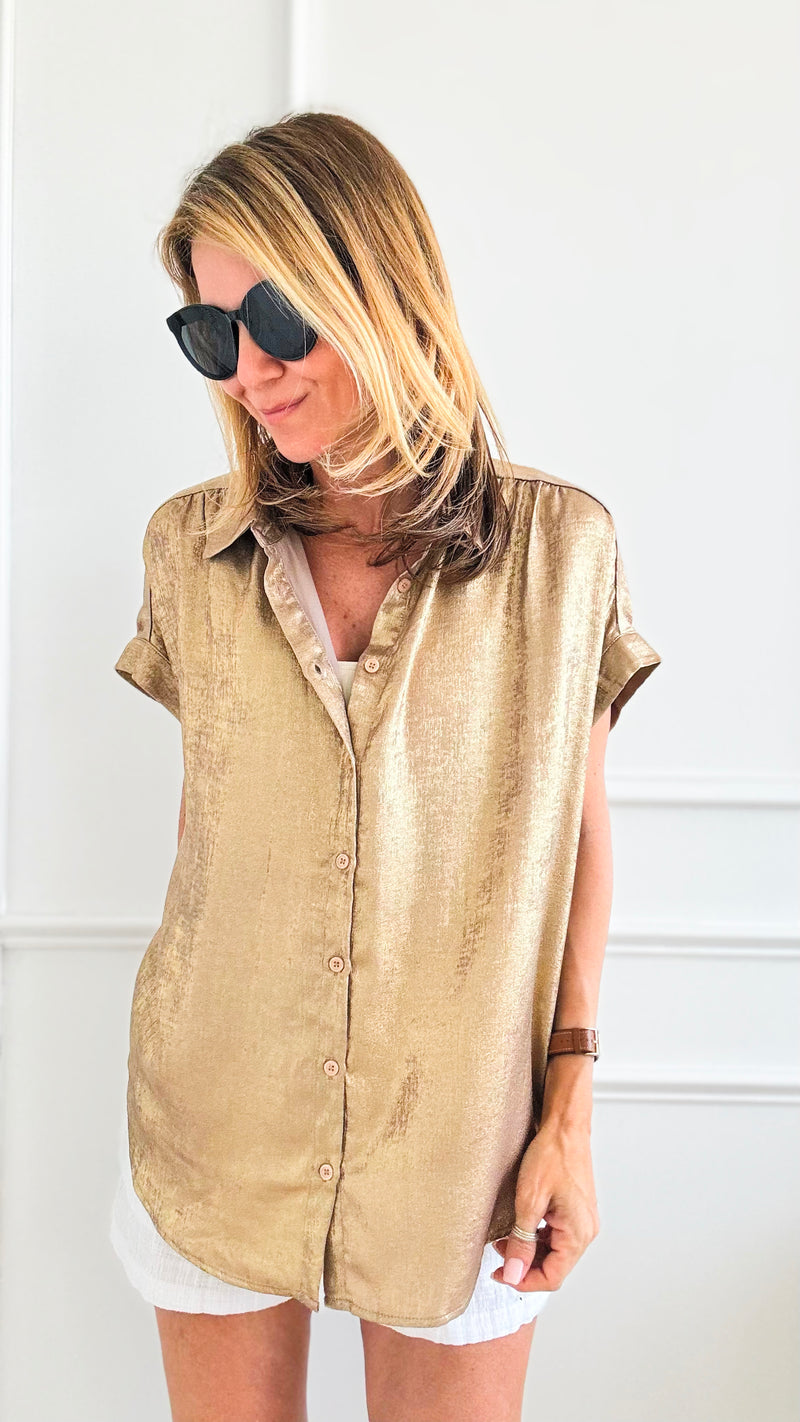 Glow Up Collared Button Up Top - Taupe-110 Short Sleeve Tops-Jodifl-Coastal Bloom Boutique, find the trendiest versions of the popular styles and looks Located in Indialantic, FL