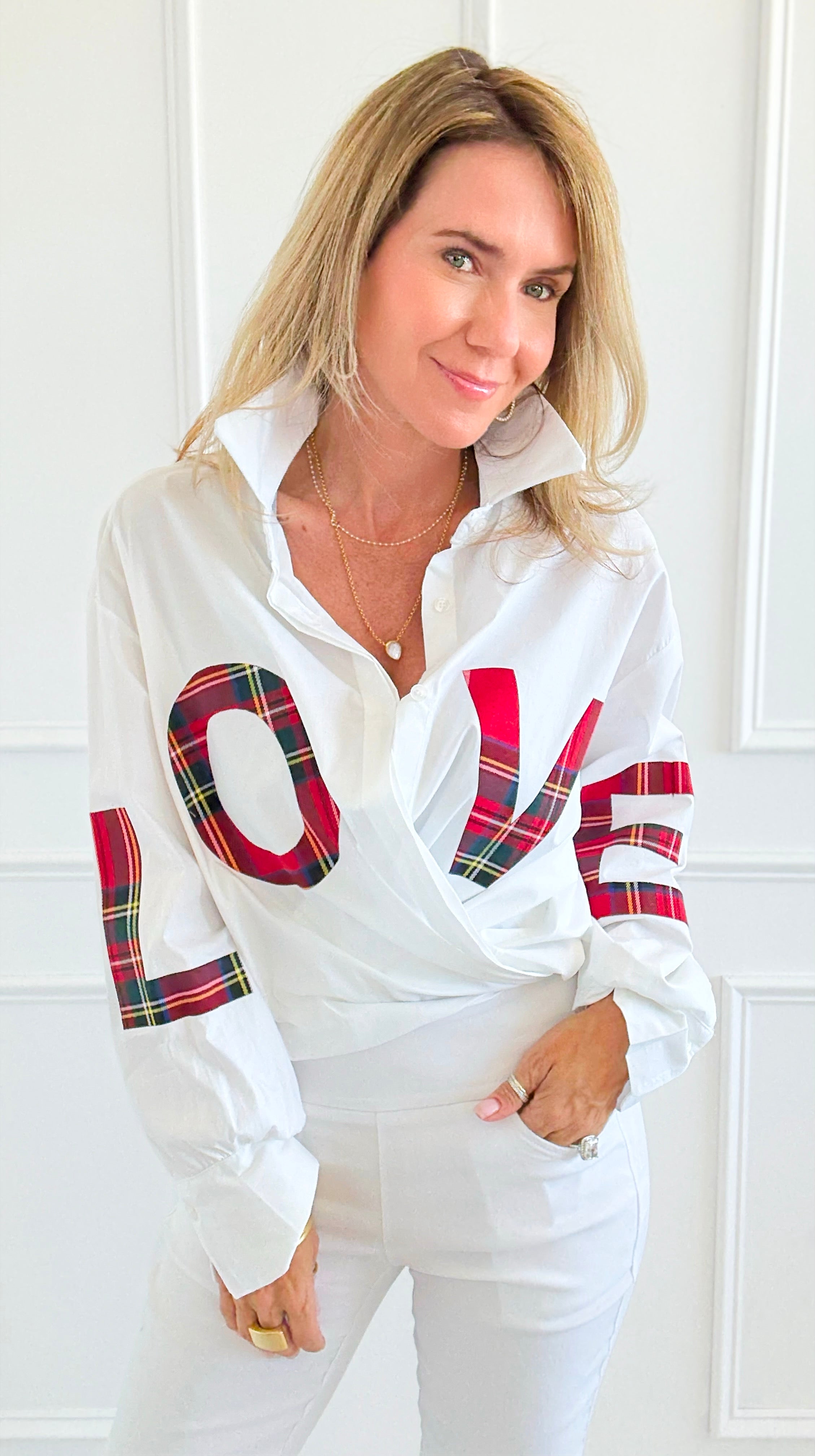 Tartan Love Italian Blouse-110 Long Sleeve Tops-TATTOO Z-Coastal Bloom Boutique, find the trendiest versions of the popular styles and looks Located in Indialantic, FL
