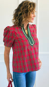 Checked Charm Puff Sleeve Top-110 Short Sleeve Tops-entro-Coastal Bloom Boutique, find the trendiest versions of the popular styles and looks Located in Indialantic, FL