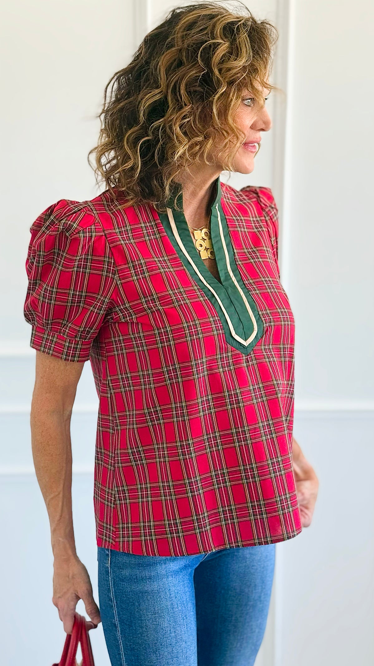 Checked Charm Puff Sleeve Top-110 Short Sleeve Tops-entro-Coastal Bloom Boutique, find the trendiest versions of the popular styles and looks Located in Indialantic, FL