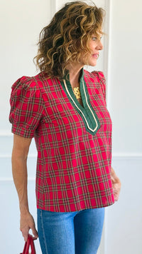 Checked Charm Puff Sleeve Top-110 Short Sleeve Tops-entro-Coastal Bloom Boutique, find the trendiest versions of the popular styles and looks Located in Indialantic, FL