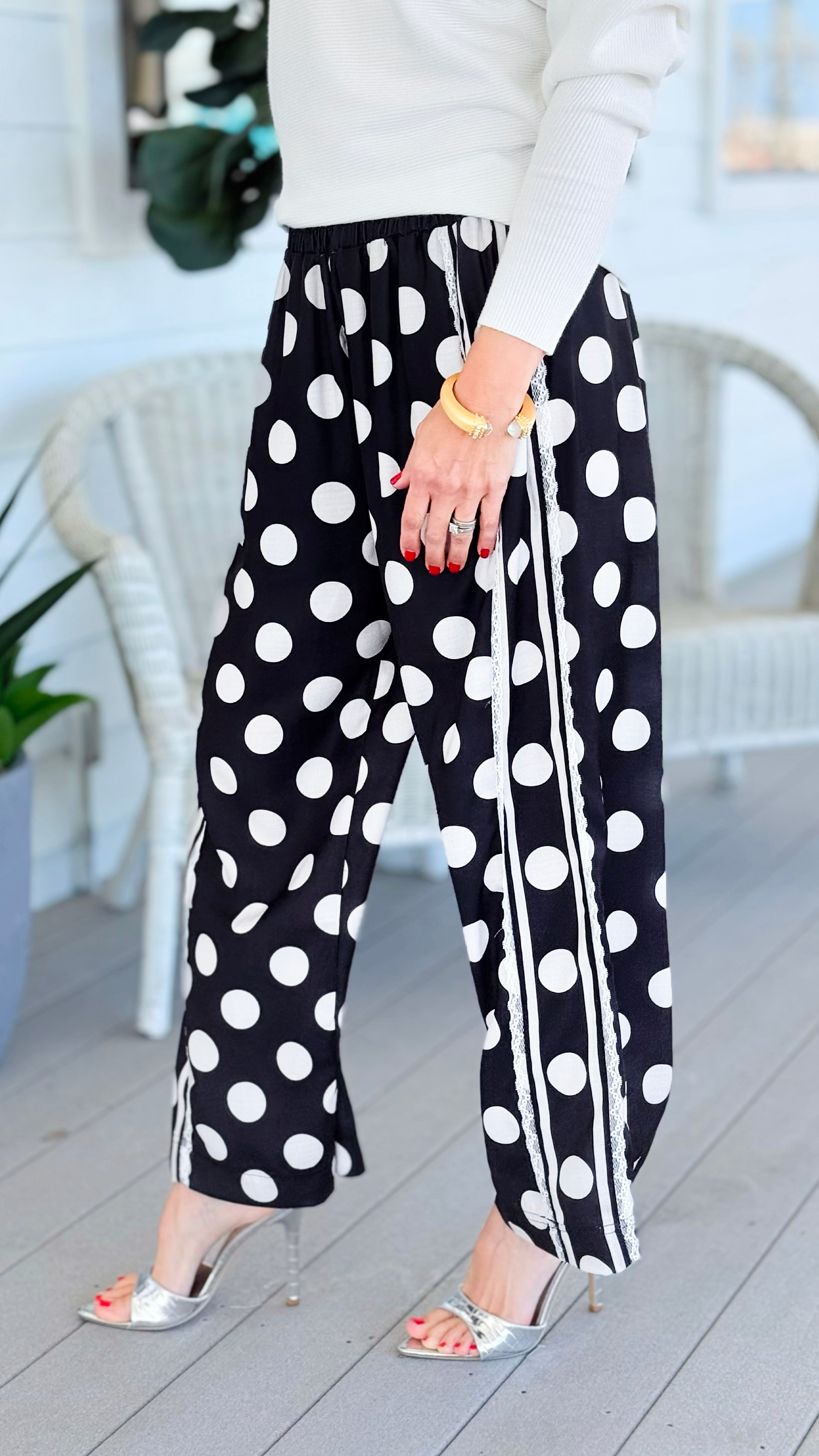 Playful Dot Lace Trim Wide Leg Pants - Black